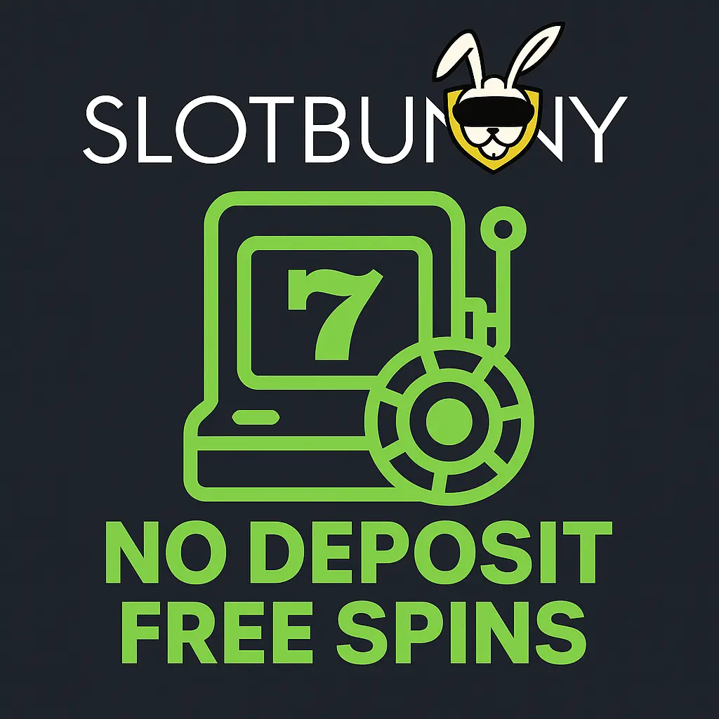 SlotBunny Casino Icon für No Deposit Free Spins mit Maskottchen und Slotmaschine in Neon-Grün.