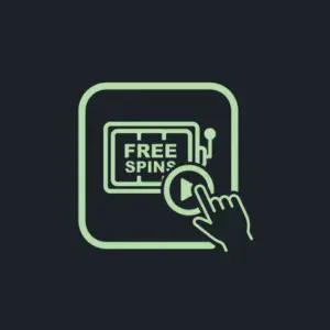 Slotbunny Symbol zum Beanspruchen von Freispielen und Spielen, das einen Spielautomaten mit 'FREE SPINS' und eine Hand zeigt, die auf einen Wiedergabeknopf tippt.