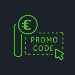 Ein grünes Umriss-Symbol, das ein Euro-Währungssymbol und die Wörter "PROMO CODE" in einem gestrichelten Kasten zeigt, was auf eine SlotBunny-Aktion hindeutet, mit einem Mauszeiger, der darauf zeigt.