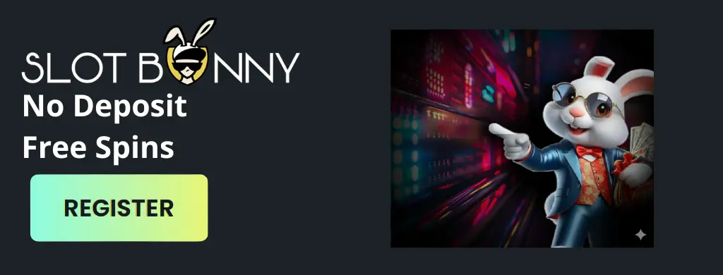 Das Maskottchen des Slotbunny Casinos weist auf die Möglichkeiten des Casinos hin, Freispiele ohne Einzahlung zu erhalten.