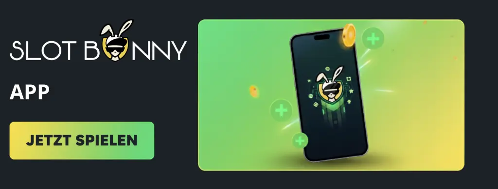 Ein Telefon mit Slot Bunny Casino-Logo und dem Text „Jetzt spielen“