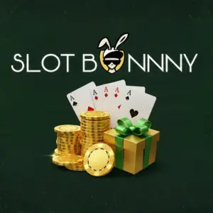 Ausgewähltes Bild für SlotBunny, das das SlotBunny-Logo über Casino-Elementen wie Goldmünzen, Spielkarten und einer Geschenkbox zeigt.