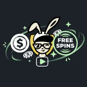 Das Hasenmaskottchen von Slotbunny Casino mit Sonnenbrille, umgeben von schimmernden Münzen, einem Freispielsymbol und einer Wiedergabetaste.